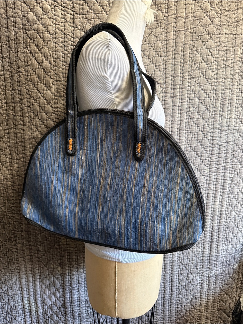 Saks Fifth Avenue Blue and Black Striped Dome Tote from natural material-straw